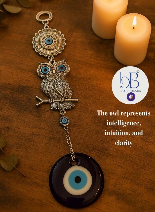 BLUE BEADS خرز أزرق معدني لتزيين المنزل، يُعلق على الحائط أو السيارة، مزين بزينة بومة الحظ وعين زرقاء، تميمة معلقة لجلب الحظ والحماية والبركة للسيارة والمنزل والمكتب. - Image 3